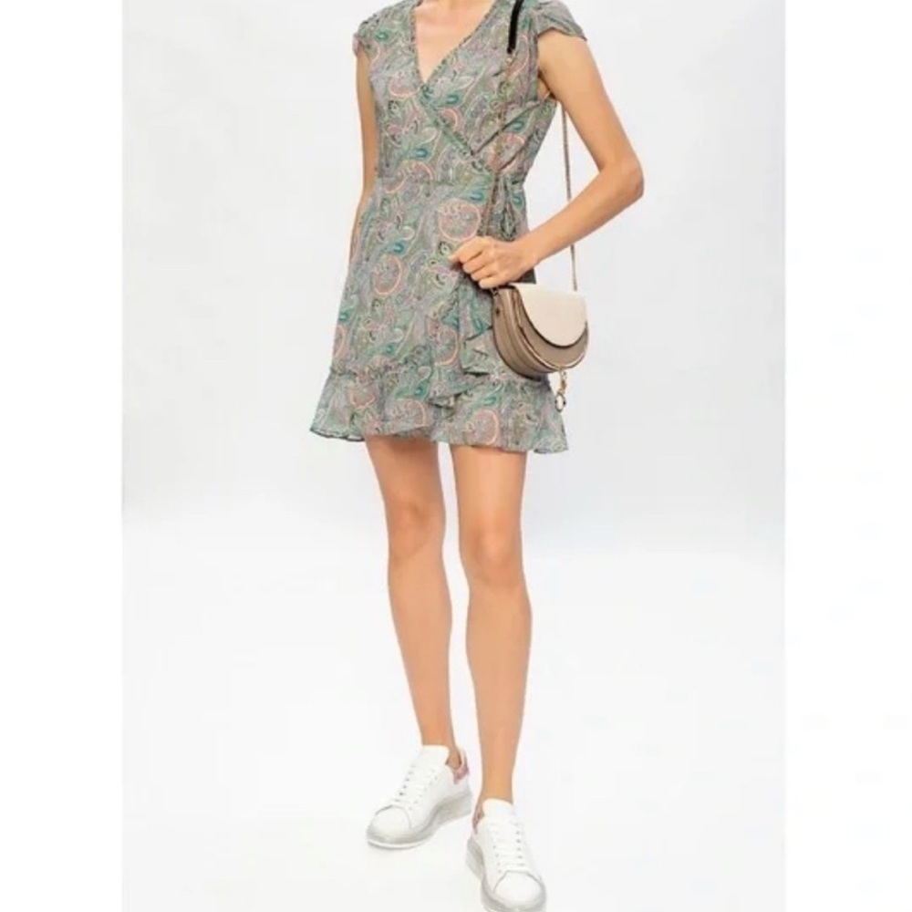 ALLSAINTS Zini Shahmina Paisley Wrap Mini Short Sleeve Dress Green Pink size 6